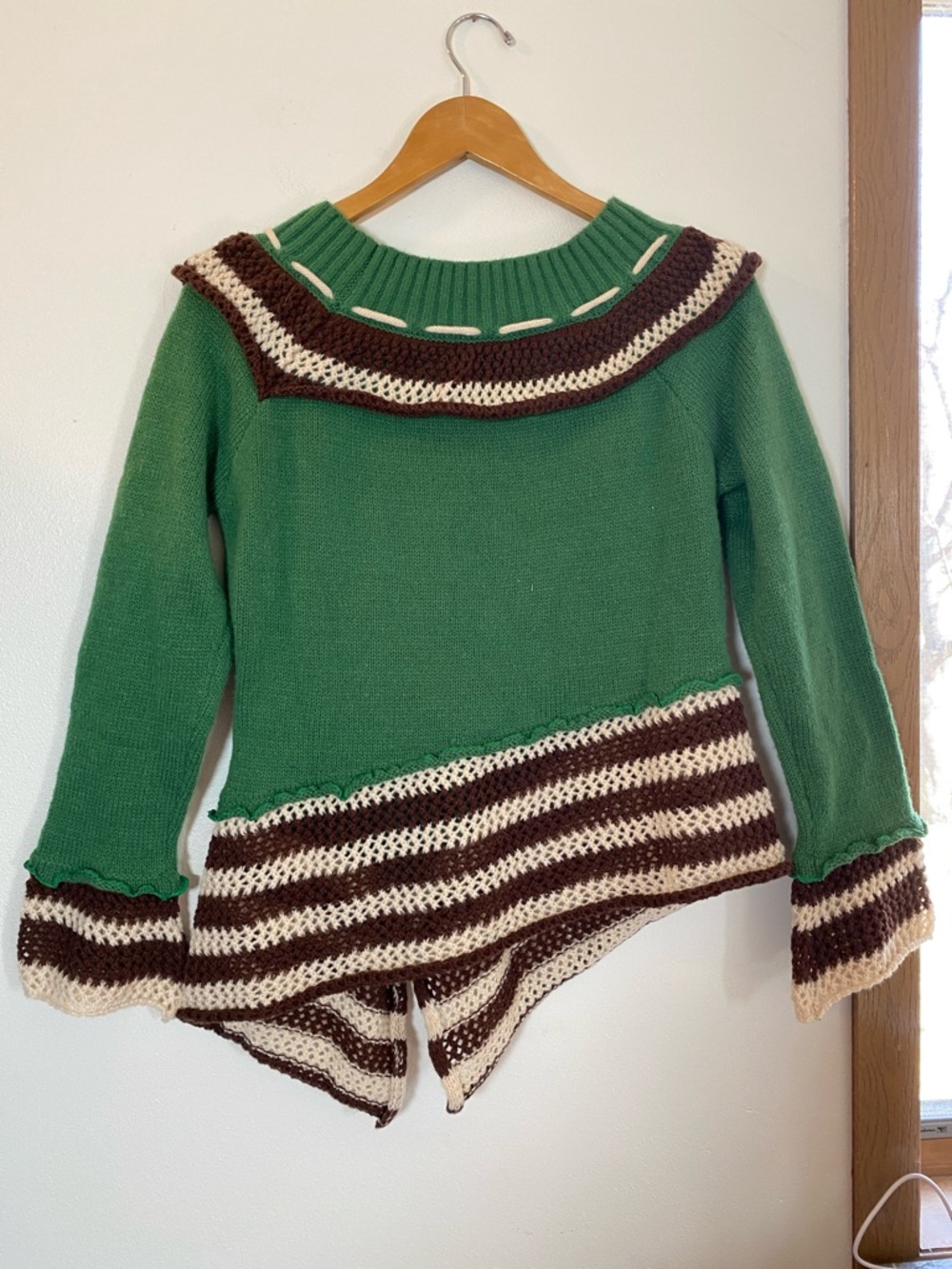 Green Knit Sweater with Brown and Cream Stripes - Picture 6 of 6